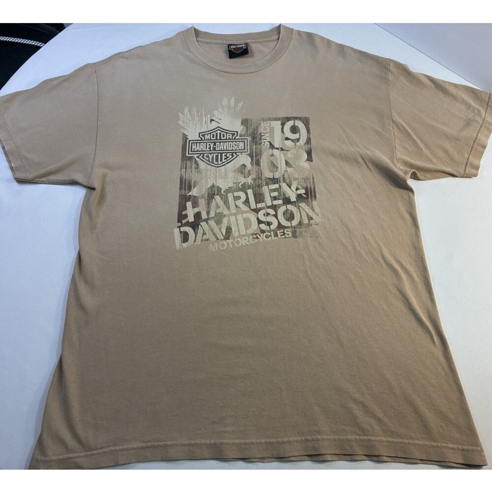 Harley-Davidson T-Shirt Men's Large Tan Distressed Camo Veteran Graphic Tee